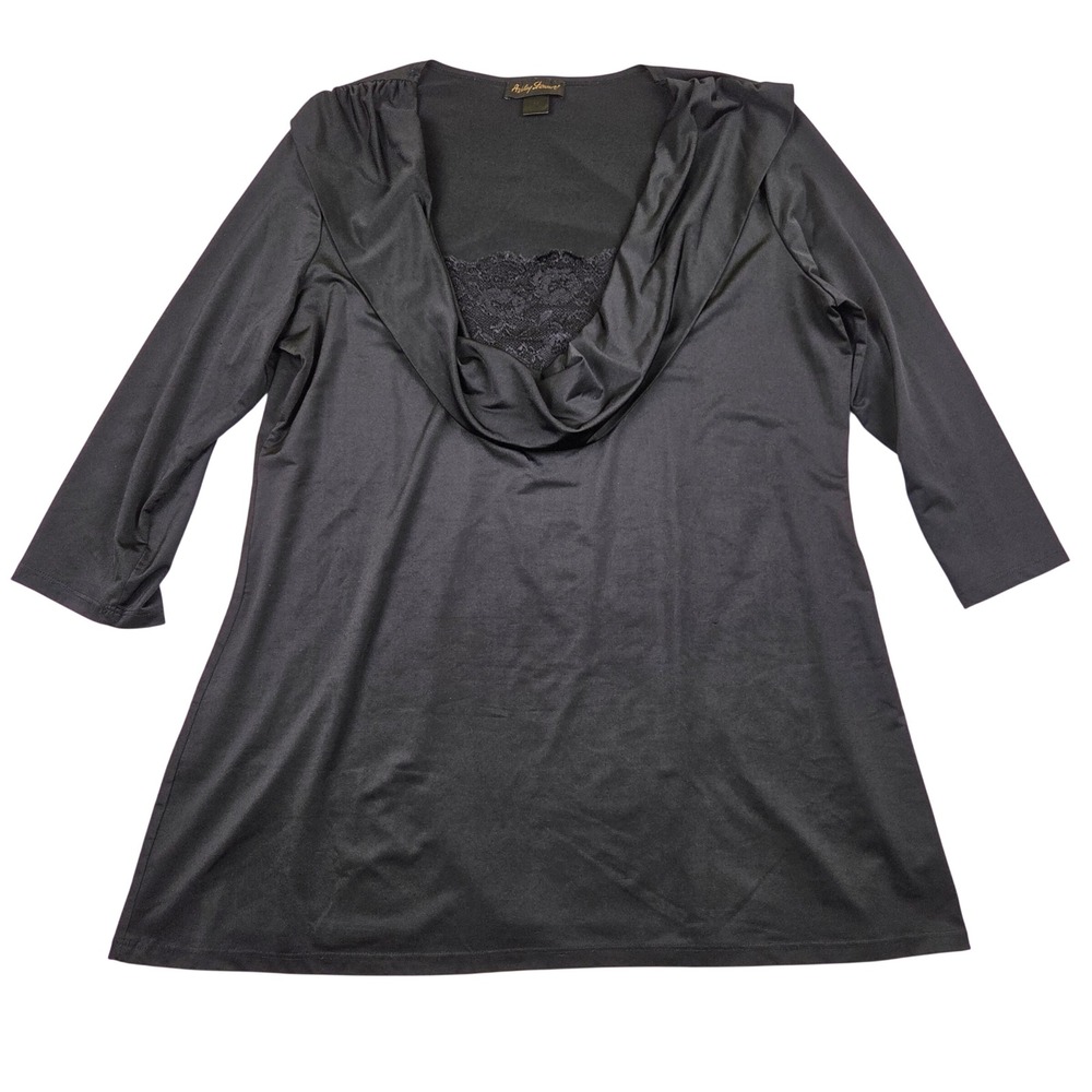 Ashley Stewart Tunic Top Black Cowl Neck Lace Chest 3/4 Sleeve 1X